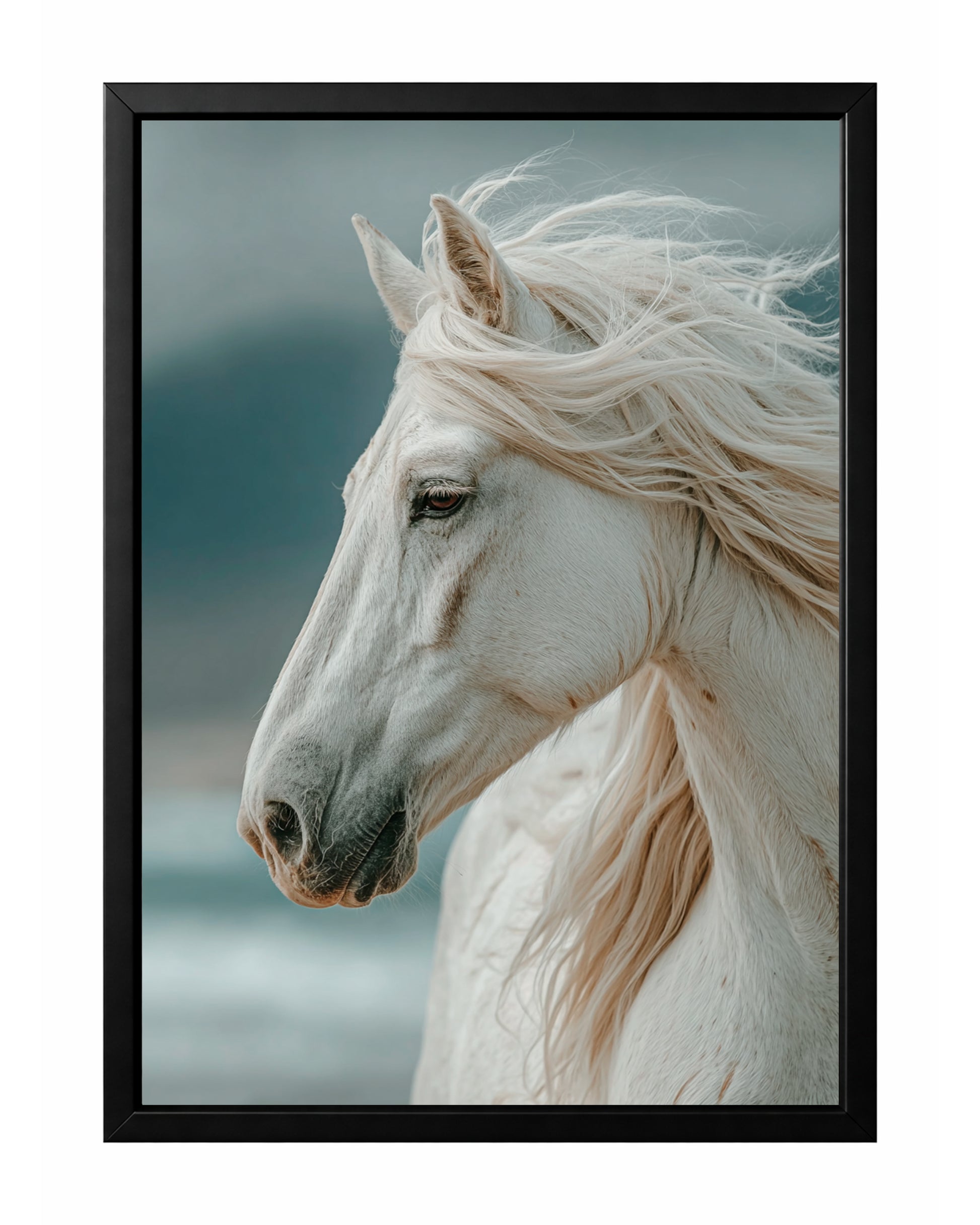 White horse profile wall art with windswept mane, soft blue-gray background, and serene expression.