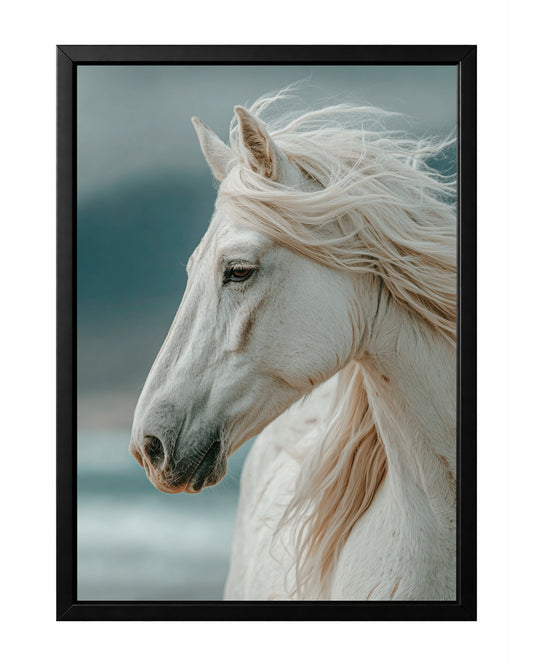 White horse profile wall art with windswept mane, soft blue-gray background, and serene expression.