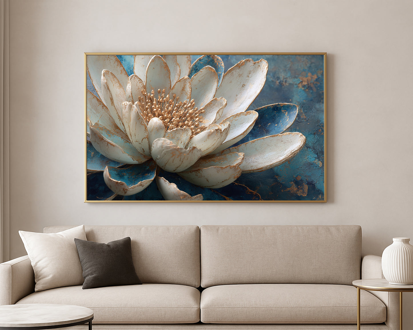 Close-up lotus wall art featuring layered ivory petals, a gold center, and deep blue petals with metallic accents.