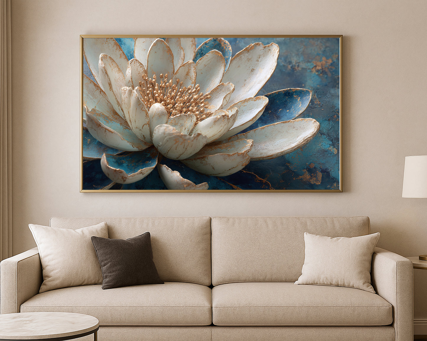 Elegant floral artwork of a blooming white lotus with gold detailing over a textured blue and bronze surface.