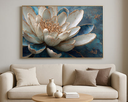 Decorative lotus painting with sculpted white petals, blue accents, and a raised gold center on a moody blue background.