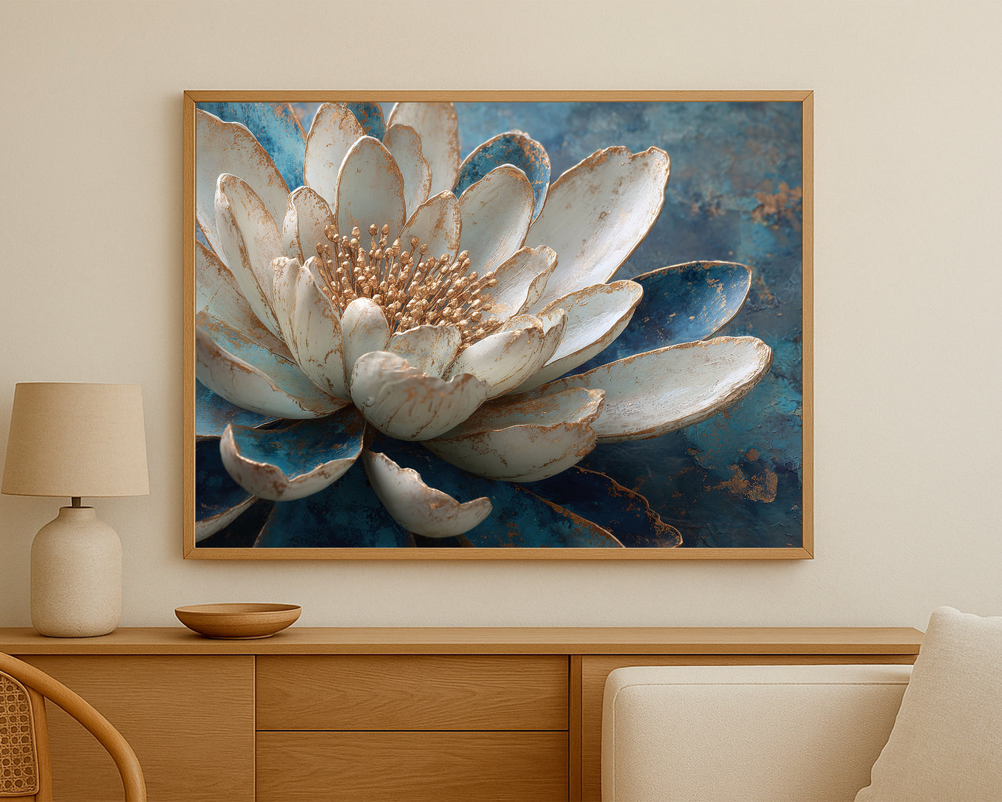 Textured lotus flower art showing ivory petals with gold highlights and dark blue outer petals against a rich painterly backdrop.