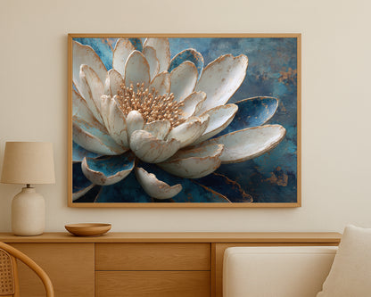 Textured lotus flower art showing ivory petals with gold highlights and dark blue outer petals against a rich painterly backdrop.