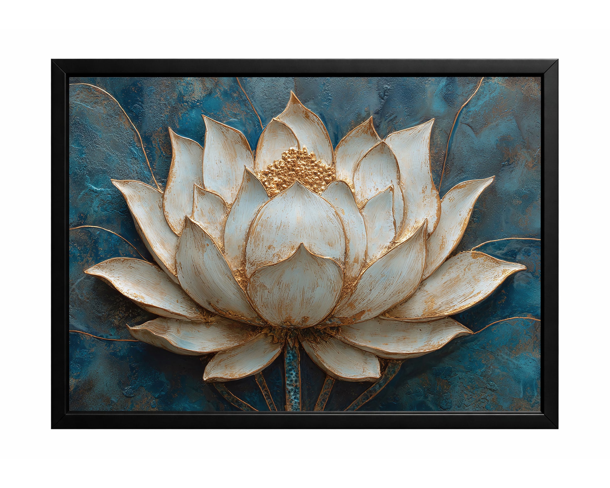 Decorative lotus painting with soft ivory petals, raised gold accents, and a dramatic blue textured background.