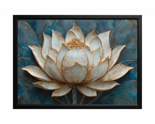 Decorative lotus painting with soft ivory petals, raised gold accents, and a dramatic blue textured background.