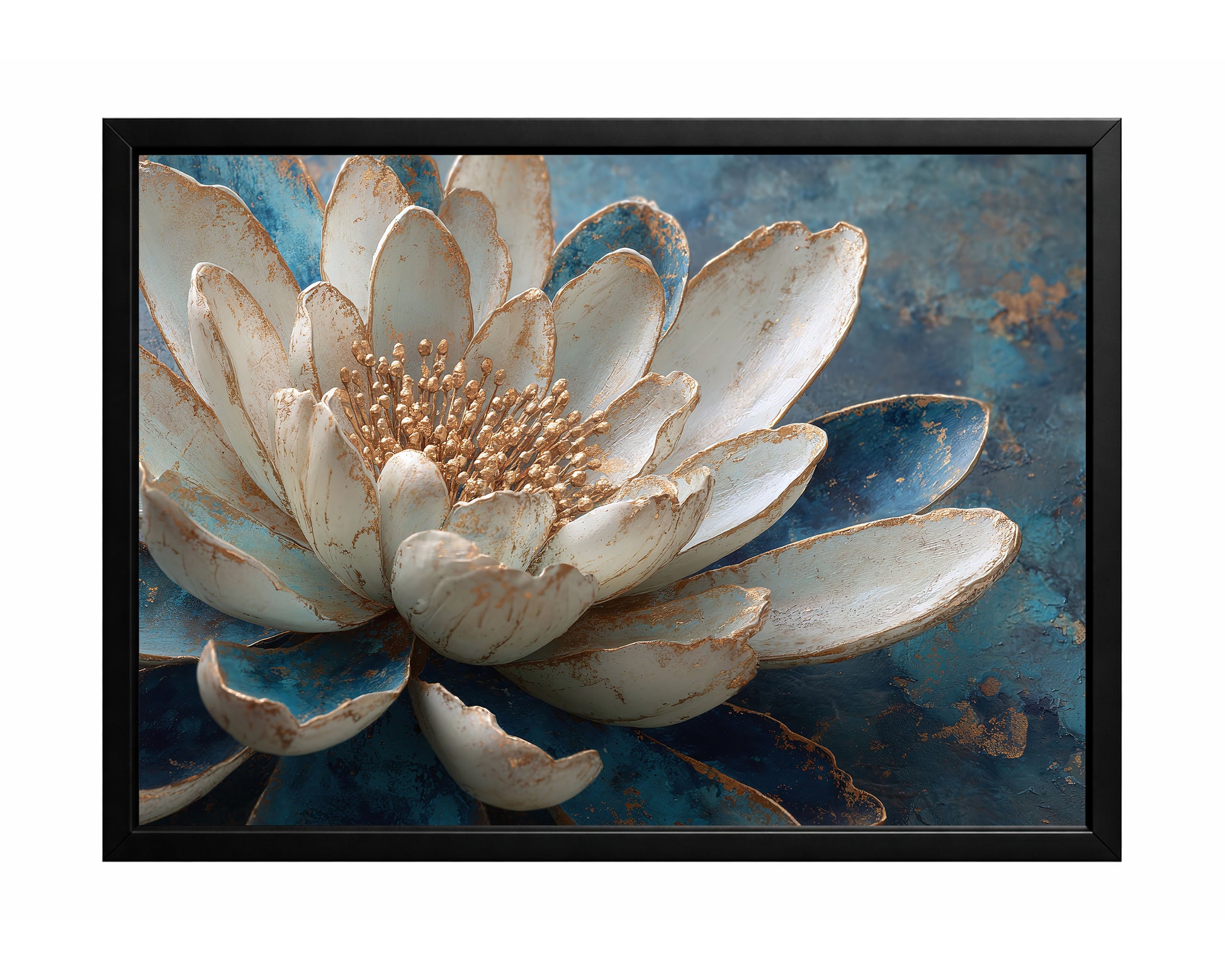 White lotus flower with gold-edged petals and blue outer petals on a richly textured blue background.