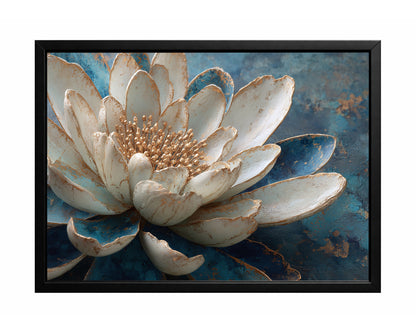 White lotus flower with gold-edged petals and blue outer petals on a richly textured blue background.