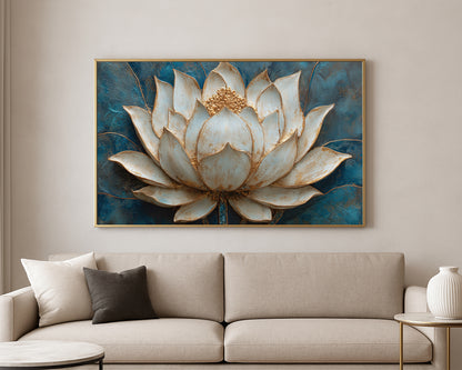 White lotus flower with gold detailing and layered petals on a rich turquoise blue textured background.