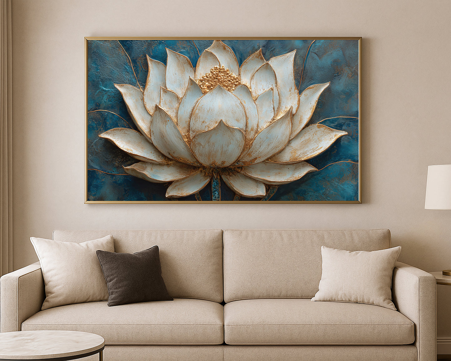 Elegant lotus wall art featuring ivory petals, a gold center, and metallic accents against a deep blue abstract surface.