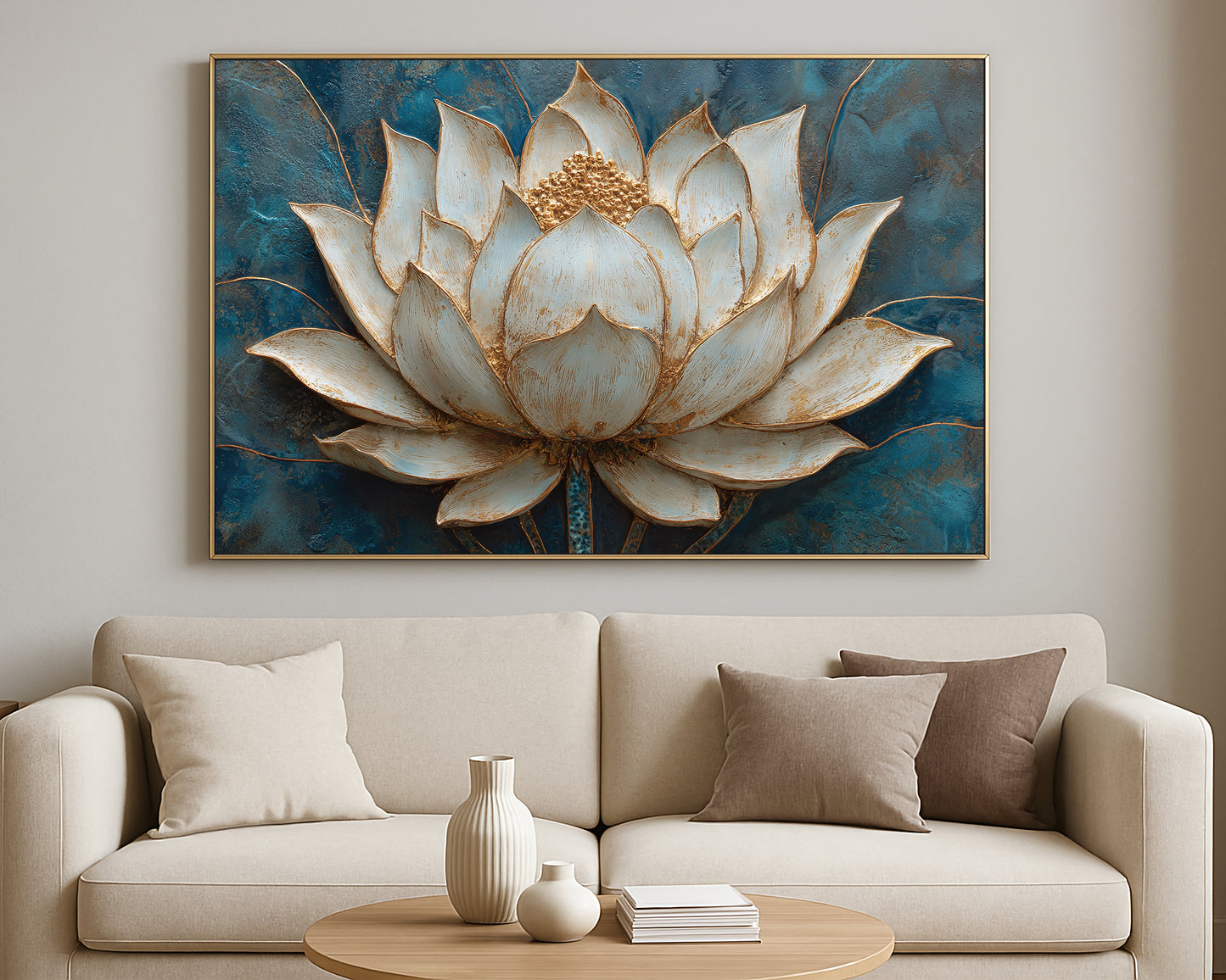Large white lotus bloom with sculpted petals and gold highlights set on a moody blue textured backdrop.