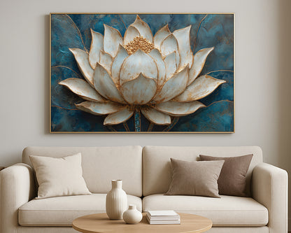 Large white lotus bloom with sculpted petals and gold highlights set on a moody blue textured backdrop.