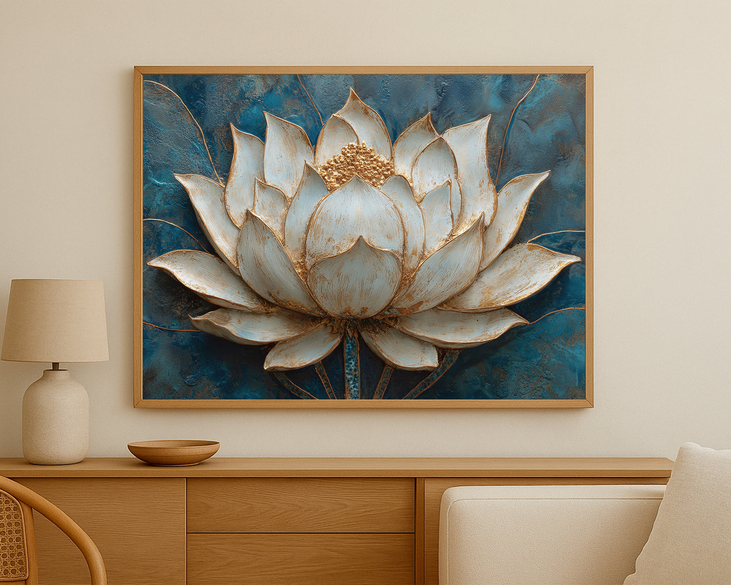Textured floral artwork of a white and gold lotus flower centered against a dark teal and blue painterly background.