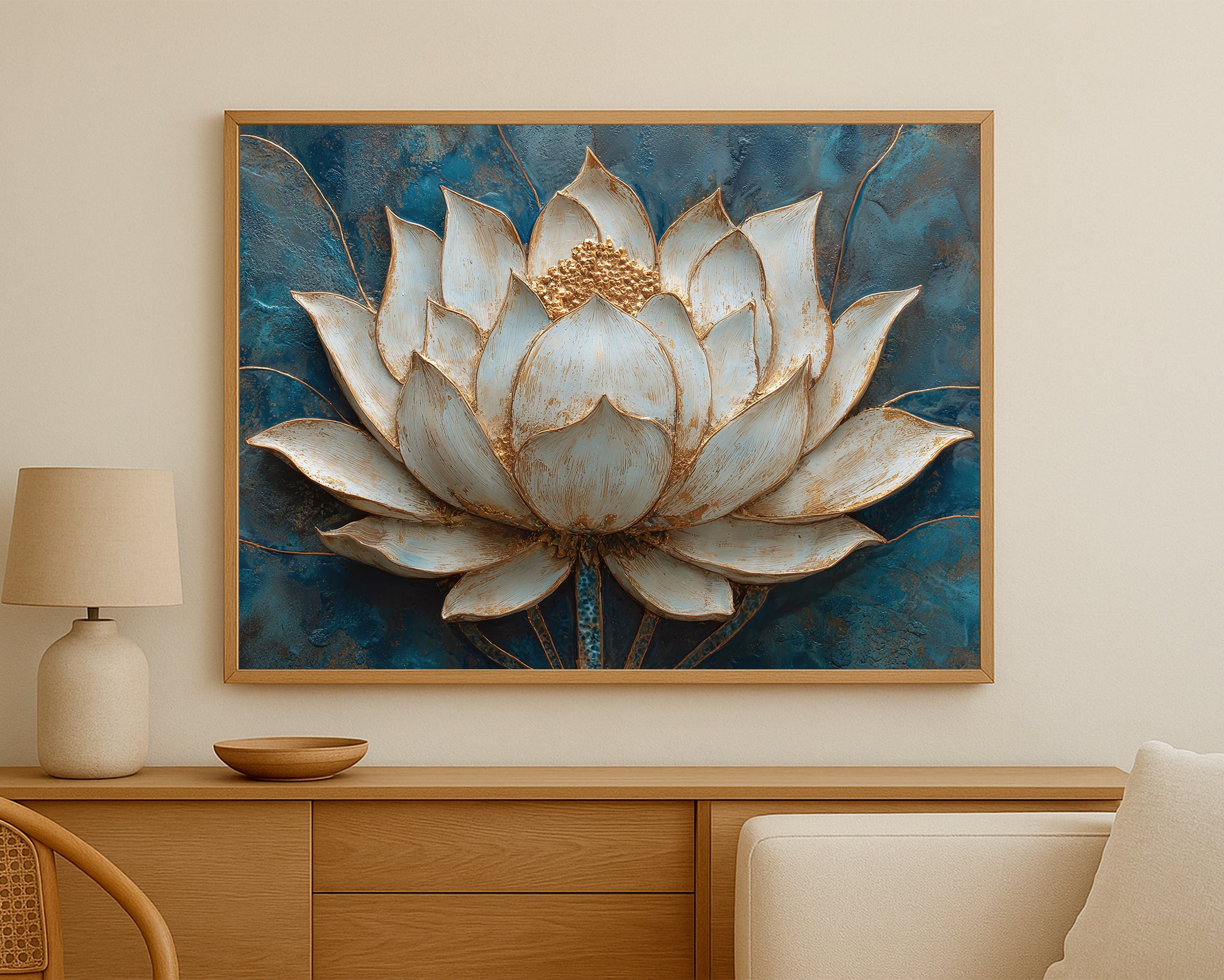 Textured floral artwork of a white and gold lotus flower centered against a dark teal and blue painterly background.