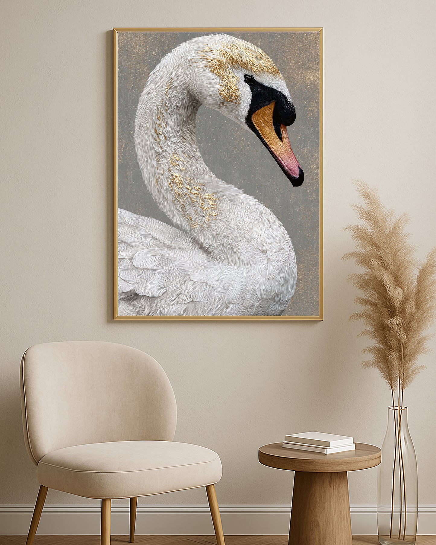Elegant swan artwork featuring white feather texture, black and orange beak, and luxe neutral tones.