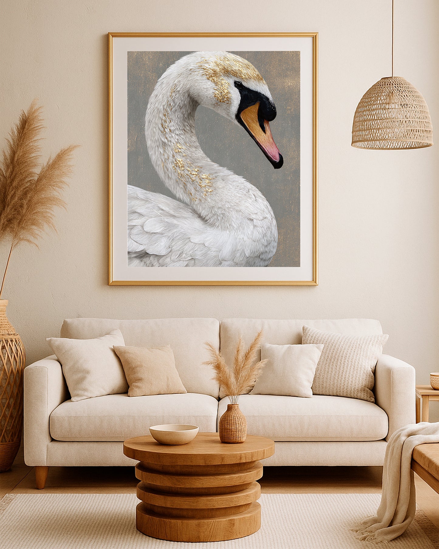 Refined bird portrait print showing a white swan with gold details on a soft gray textured background.