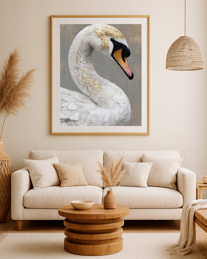 Refined bird portrait print showing a white swan with gold details on a soft gray textured background.