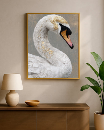 Neutral swan wall art with graceful curved neck, detailed plumage, and decorative gold highlights.