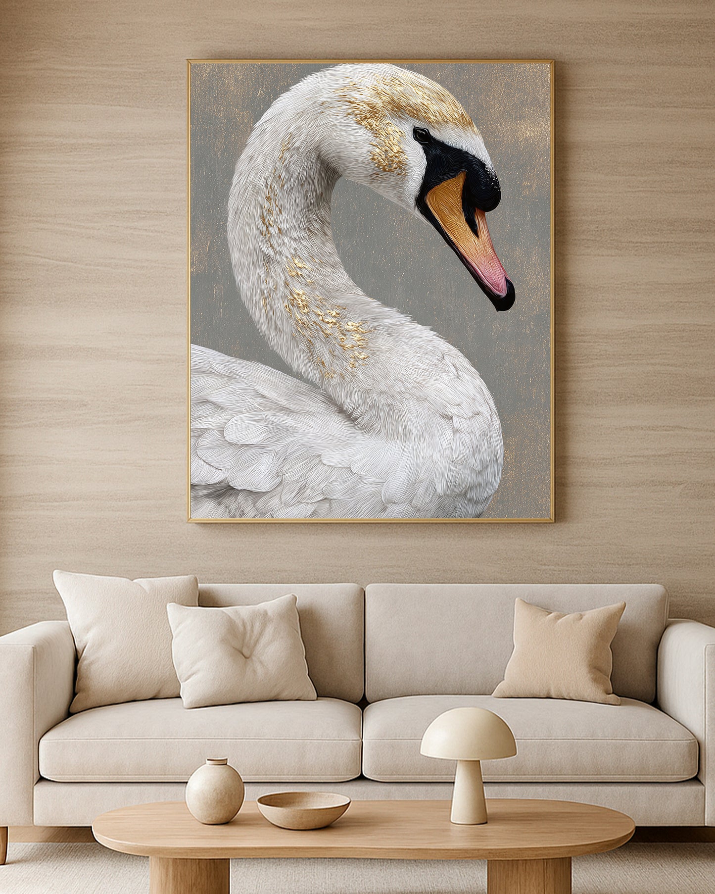 Fine art swan portrait with white feathers, gray backdrop, and warm gold textured accents.