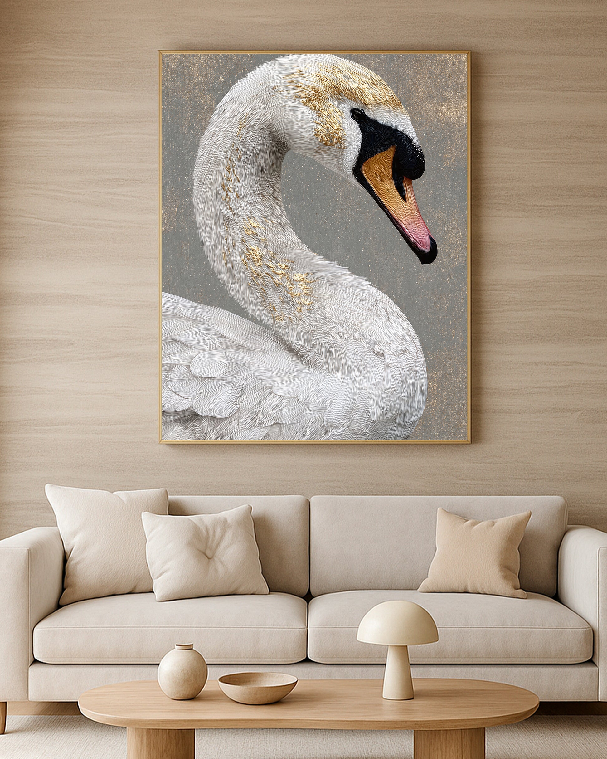 Fine art swan portrait with white feathers, gray backdrop, and warm gold textured accents.