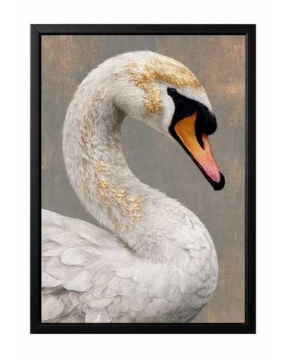 White swan portrait wall art with curved neck, detailed feathers, gray background, and subtle gold accents.