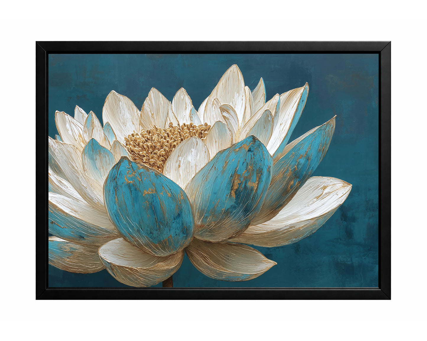 Large lotus flower with white and turquoise petals, gold detailing, and a deep teal blue background.