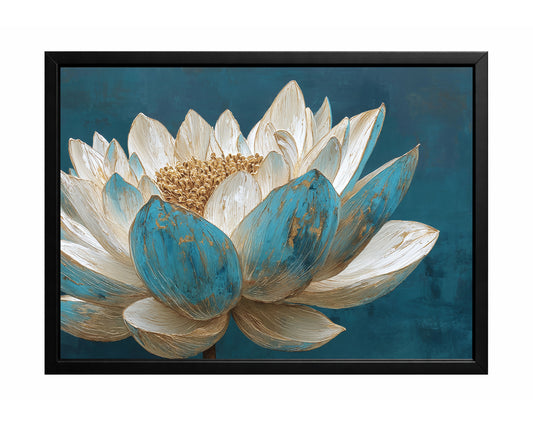 Large lotus flower with white and turquoise petals, gold detailing, and a deep teal blue background.