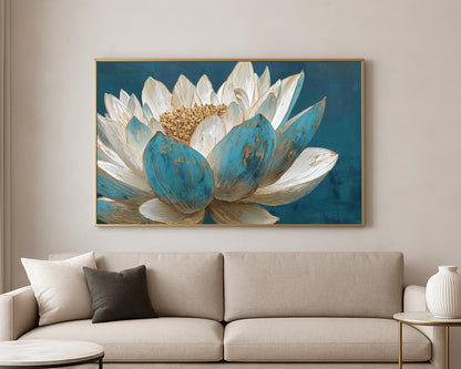 Textured floral artwork of a blooming lotus with soft white petals, turquoise outer petals, and a gold center on a dark teal background.