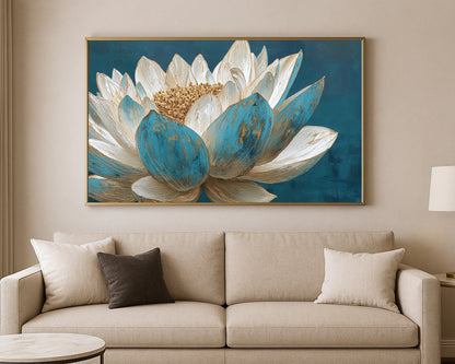 Decorative lotus painting with ivory and blue petals, subtle gold highlights, and a calm moody blue background.