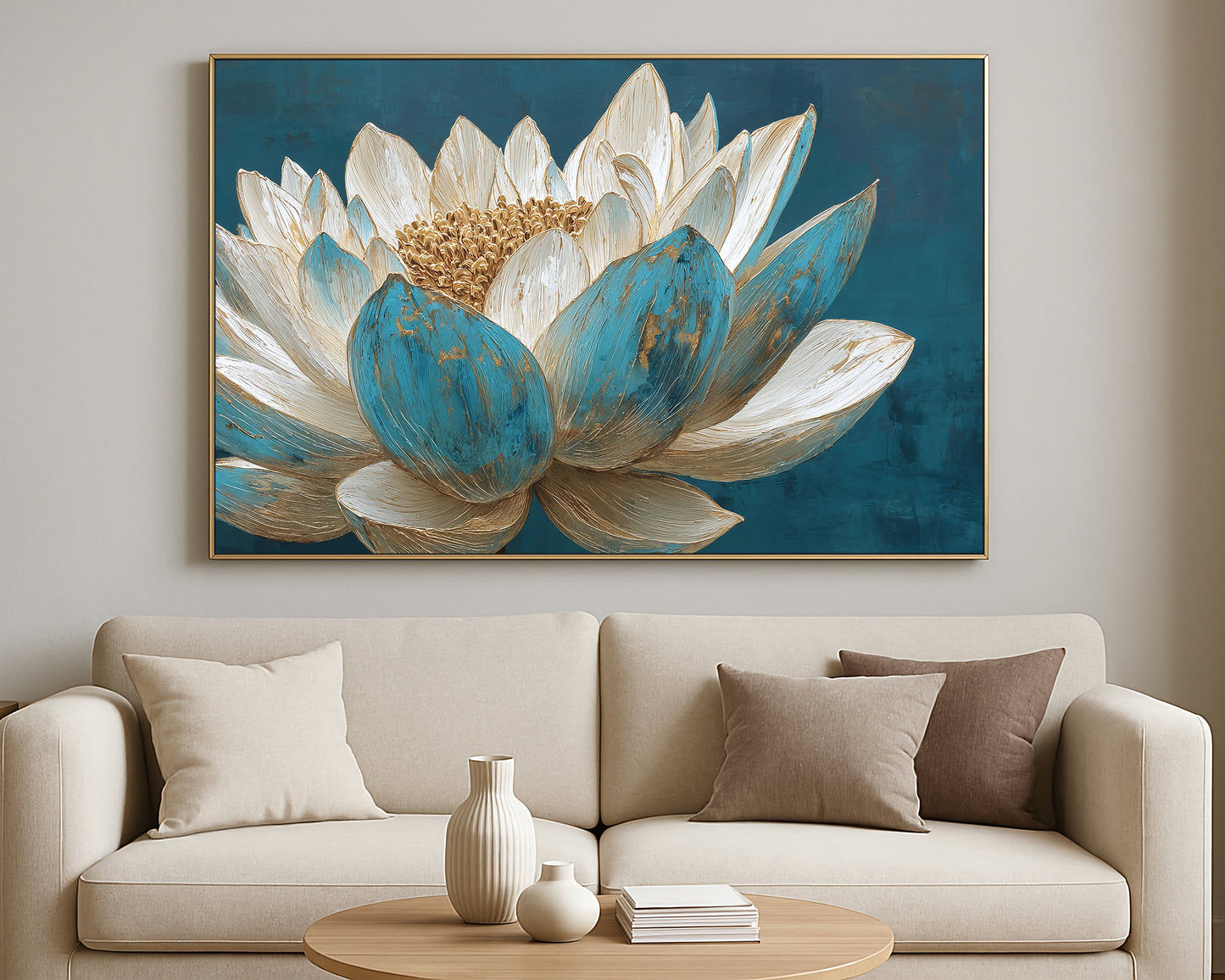 Elegant lotus wall art featuring layered ivory and blue petals with metallic gold accents against a rich blue backdrop.
