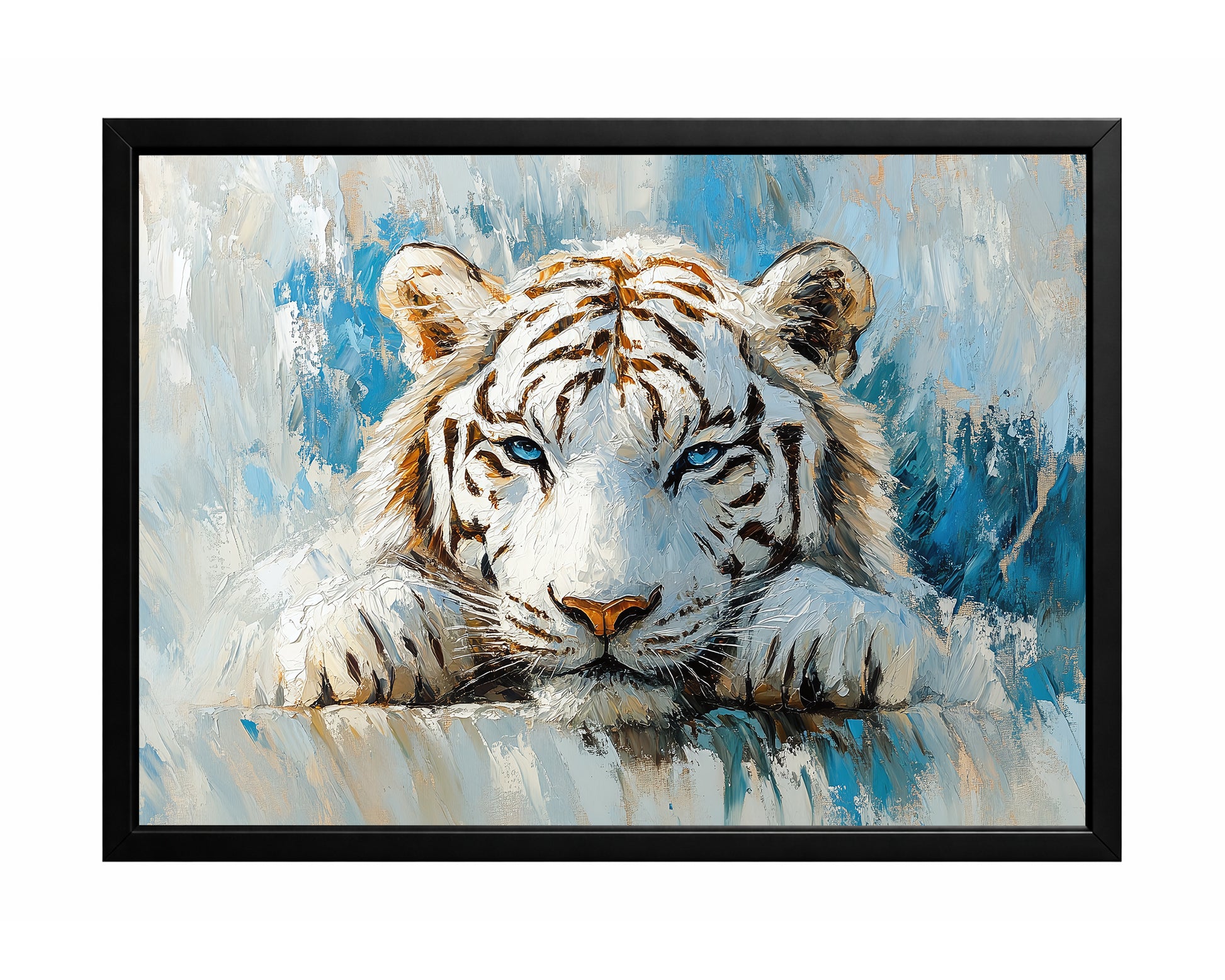 White tiger wall art with a front-facing tiger resting against a cool blue and white textured background
