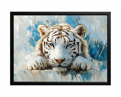White tiger wall art with a front-facing tiger resting against a cool blue and white textured background