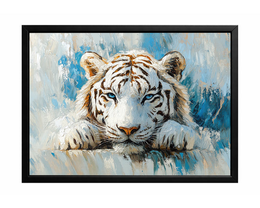 White tiger wall art with a front-facing tiger resting against a cool blue and white textured background
