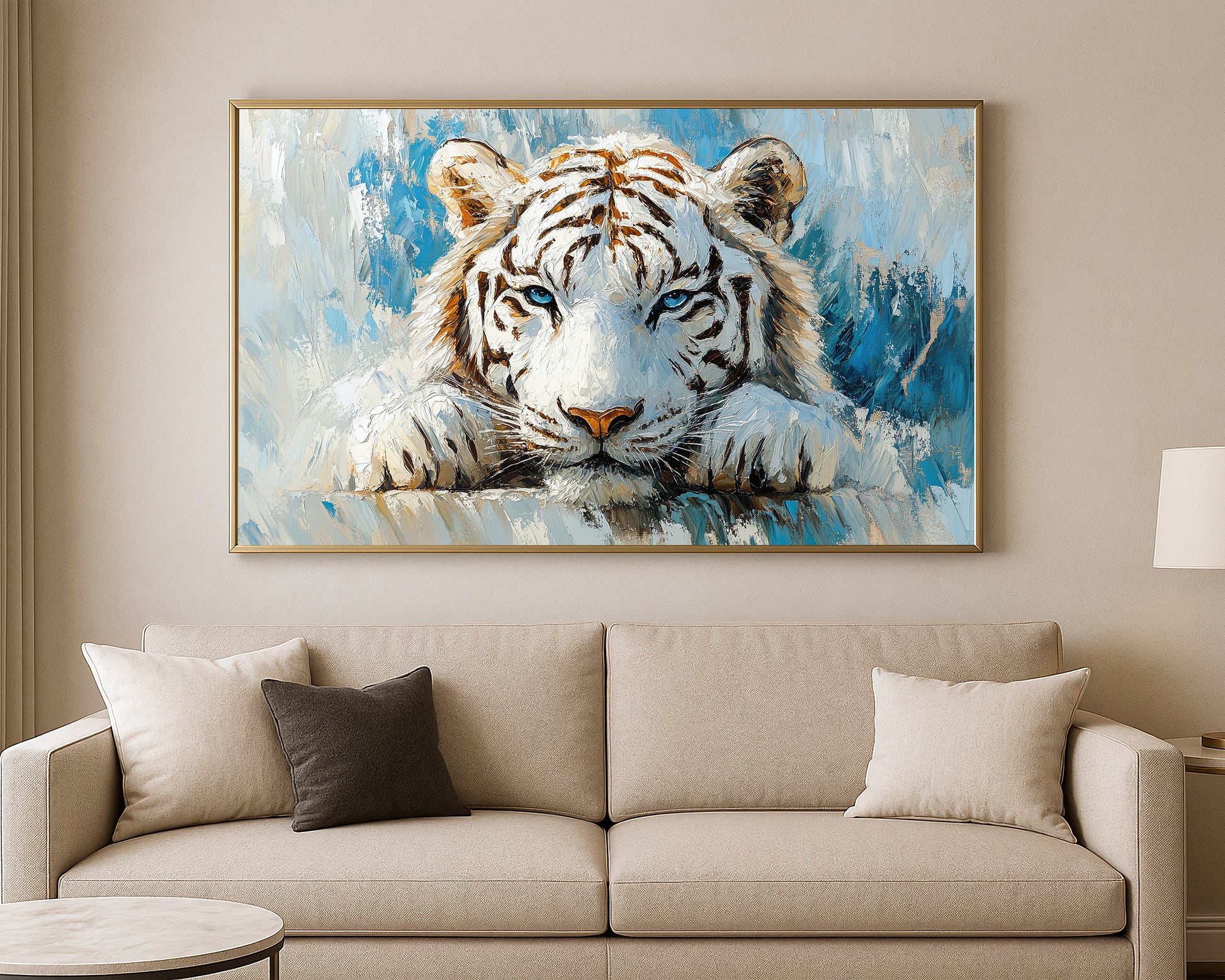 Nature wall art print of a white tiger in blue, ivory, and cool neutral painterly brushstrokes
