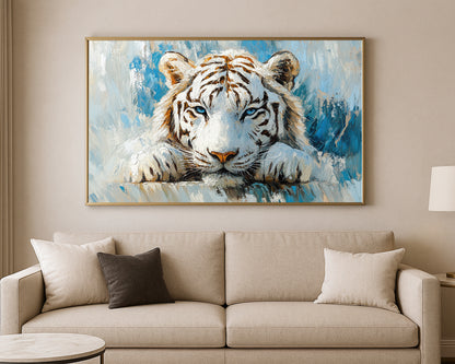 Nature wall art print of a white tiger in blue, ivory, and cool neutral painterly brushstrokes