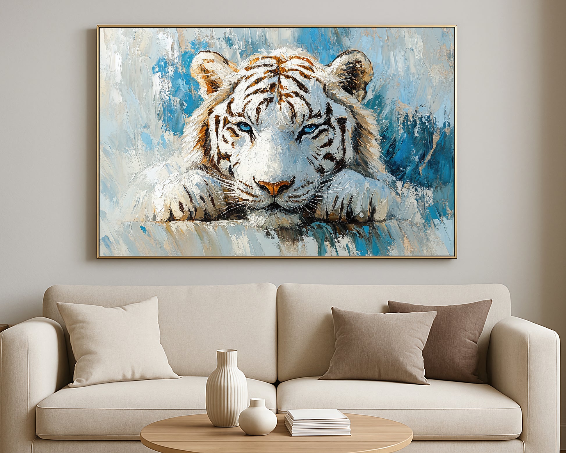 Contemporary animal artwork showing a white tiger close-up with calm expression and layered texture