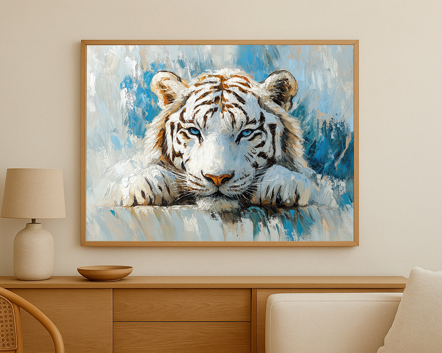 Big cat wall decor with a white tiger portrait in a crisp blue abstract winter setting