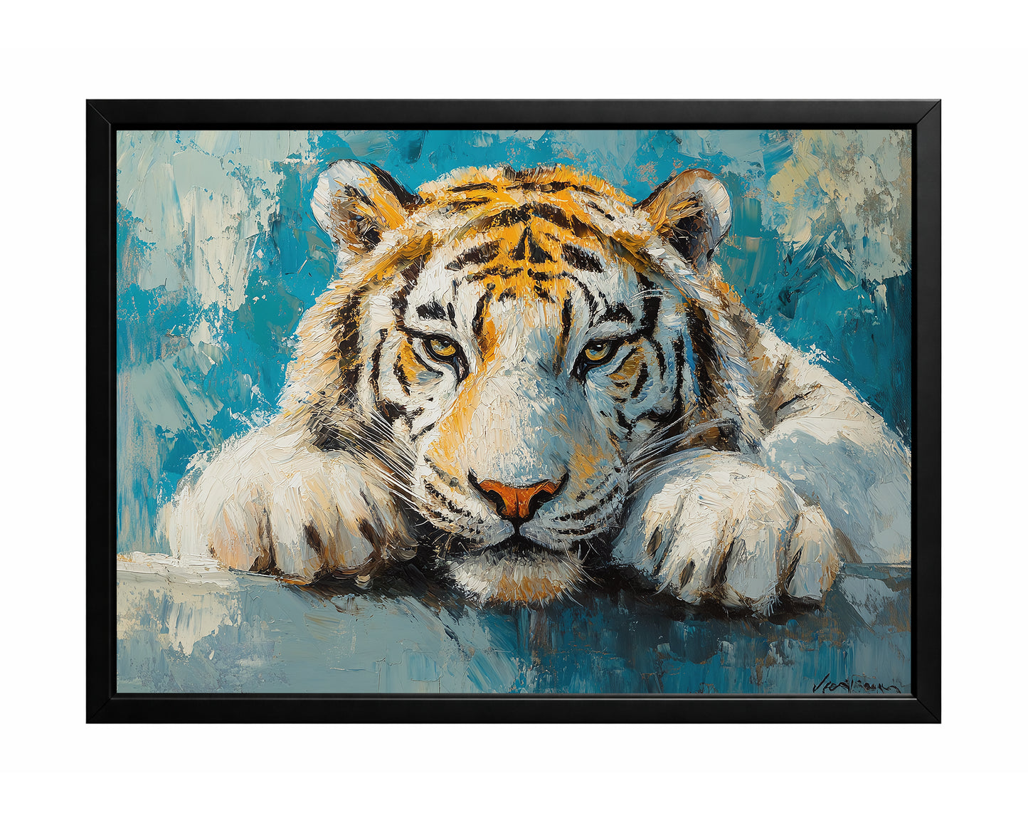 White tiger wall art with a front-facing tiger resting against a cool blue textured background