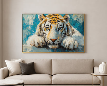 Textured wildlife artwork featuring a white tiger portrait with amber eyes and bold black stripes