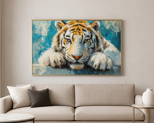 Textured wildlife artwork featuring a white tiger portrait with amber eyes and bold black stripes