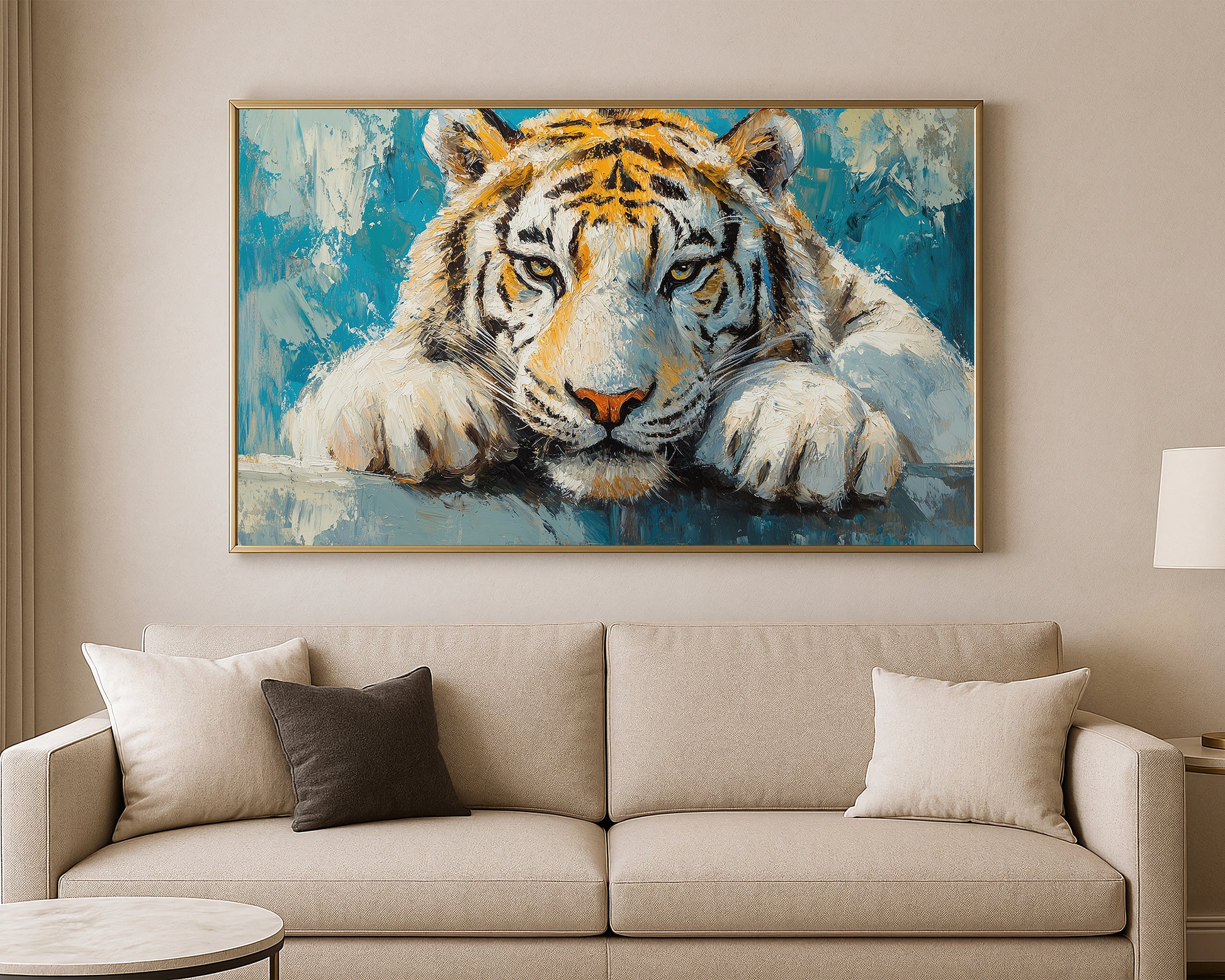 Nature wall art print of a white tiger in blue, white, and neutral painterly brushstrokes