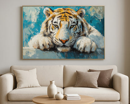 Contemporary animal artwork showing a white tiger close-up with expressive textured detail