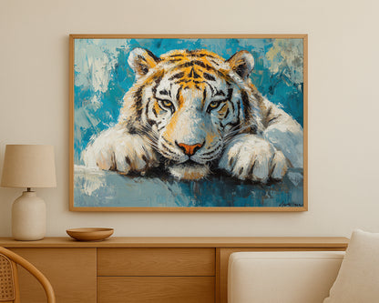 Big cat wall decor with a white tiger portrait in a modern blue abstract setting