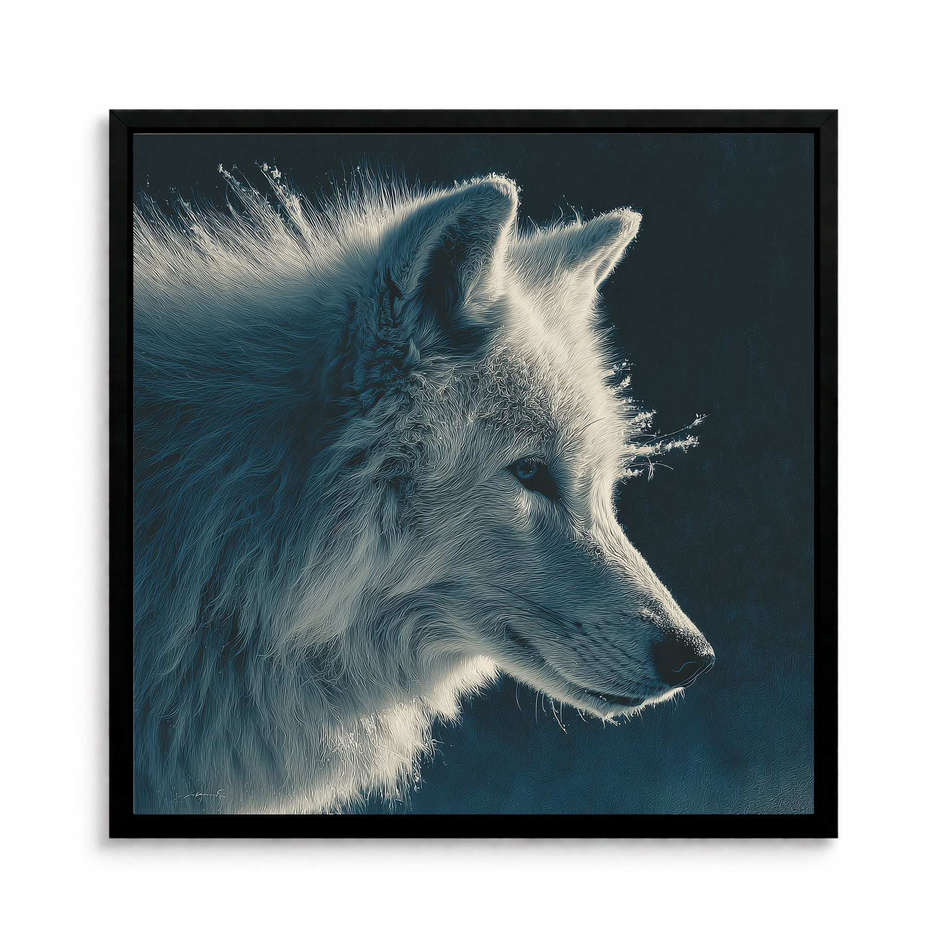 White wolf profile wall art with detailed fur and a deep blue moody background.