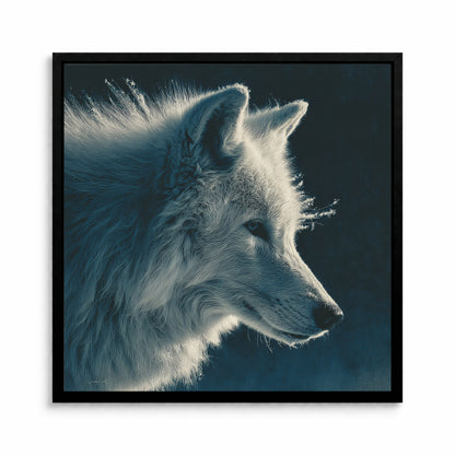 White wolf profile wall art with detailed fur and a deep blue moody background.