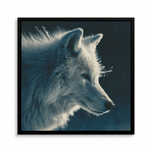 White wolf profile wall art with detailed fur and a deep blue moody background.
