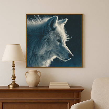 Square wildlife artwork featuring a white wolf in side profile against a dark blue textured backdrop.