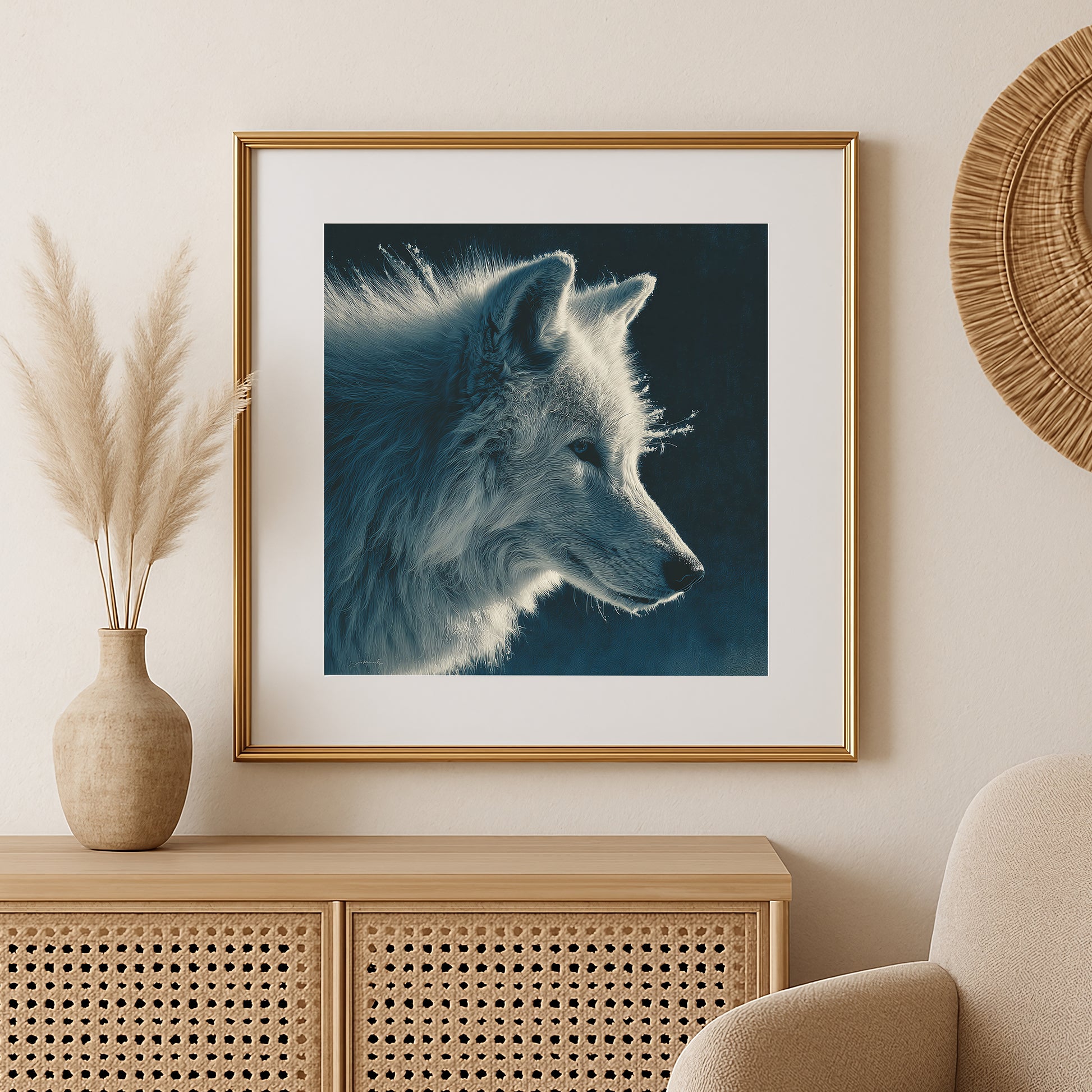 Animal wall art of a white wolf with soft textured fur, sharp gaze, and cool blue shadow tones.