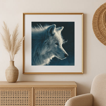 Animal wall art of a white wolf with soft textured fur, sharp gaze, and cool blue shadow tones.