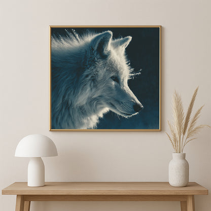 Moody wolf art print showing a white wolf in profile with luminous fur against a rich navy-blue background.