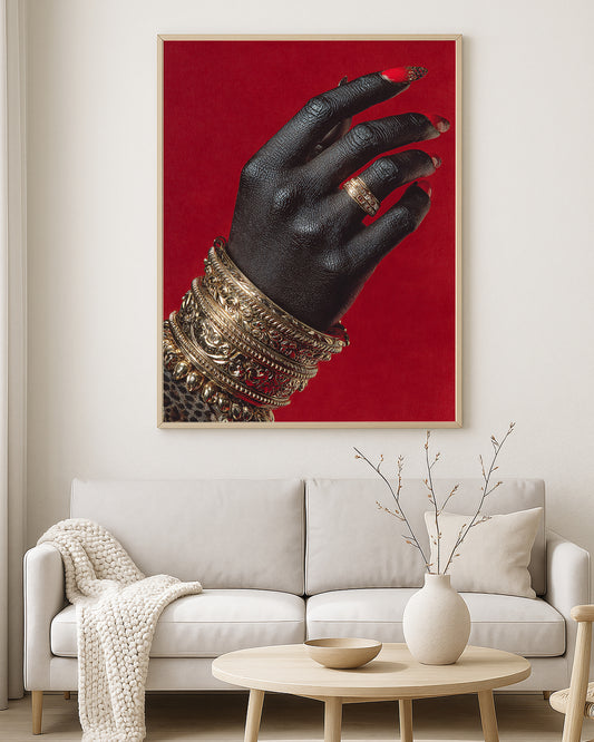 Fashion-inspired artwork featuring an elegant dark hand adorned with layered gold jewelry and dramatic red nail polish